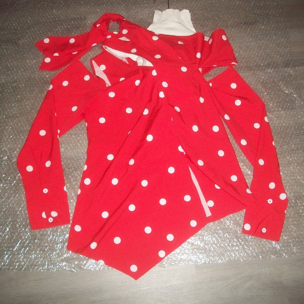 womens red polka dot blouse.sexy slits.off shoulder.size medium